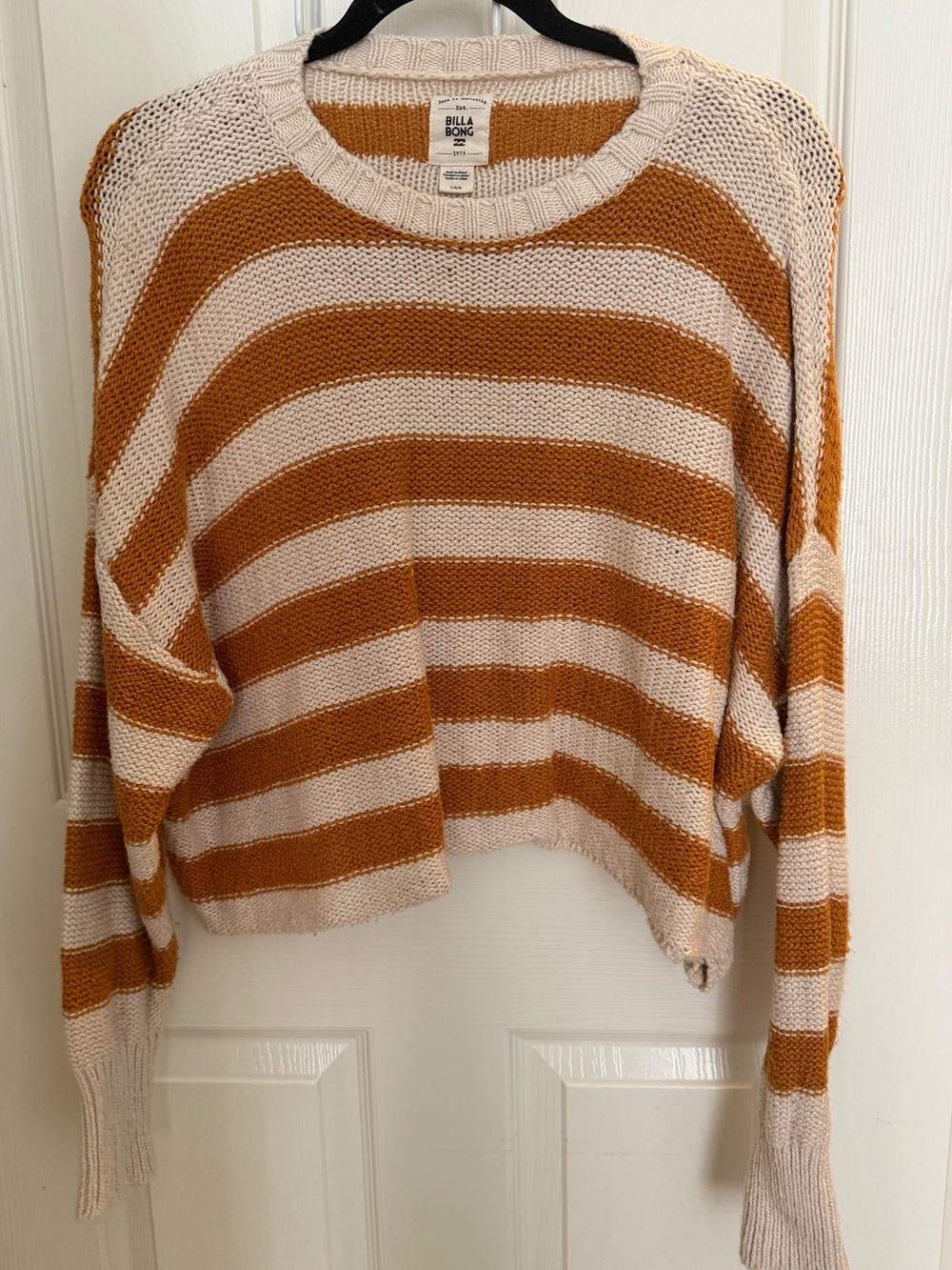Billabong Cream & Yellow Striped Cropped Crew Sweater